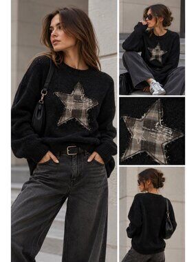 Minga London Black Plaid Star Patch Knit Sweater Grunge Y2K Size M